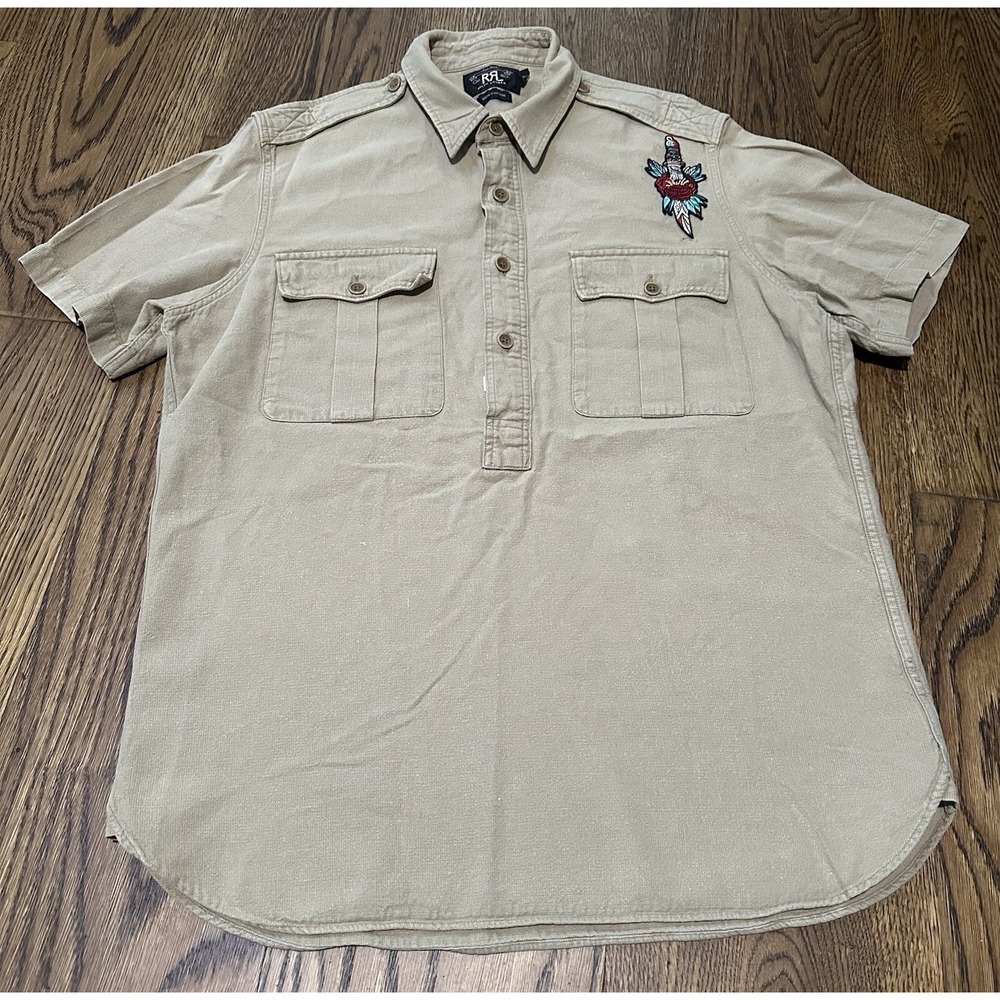 Double RL RRL Army Cotton Khaki Short Sleeve Work Casual Shirt Large Patch FLAW‎